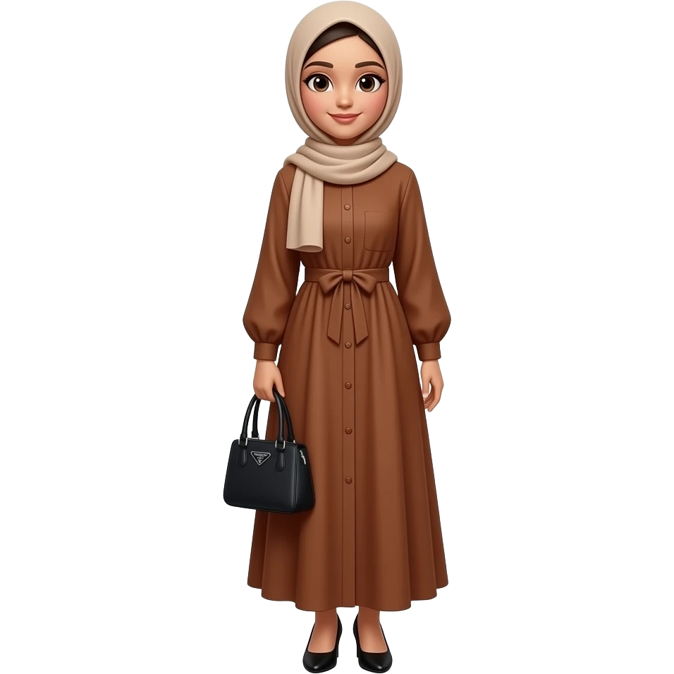 إيموجي لفتاة ترتدي فستان بني طويل حذاء طالون منخفض حجاب بيج غطي شعرها و ألبسها حقيبة يد من برادا عصرية شبابية سوداء الحجاب الداخلي بنفس لون الخارجي تقوم بوضعية تصويرغير شكل الفستان بدون حزام في الوسط و الحقيبة مثلثة الشكل تقريبا emoji