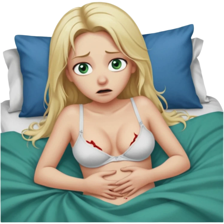 Blonde baddie with very longhair blue-green eyes  and lay in a bed in underwear sie hat Todesangst und guckt schmerzhaft erschrocken Bauch aufgebläht und das Bettlacken ist blutig ihre Brüste unnatürlich riesengroß.ein großer Mann war das, der sie festhält und voll spritzt  emoji