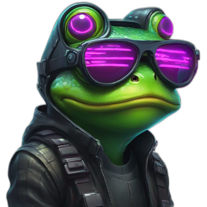 cyberpunk frog with glasses and neon emoji