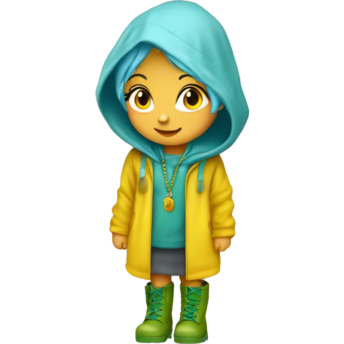Cute little girl with light blue hair wearing a yellow raincoat hood up with rosary and green muddy boots emoji