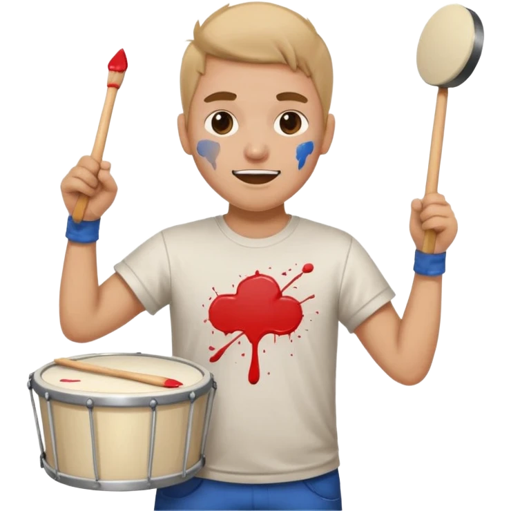 A loud fan, simple tee shirt with paint on his cheeks with a marching drum, beating it with enthusiasm emoji