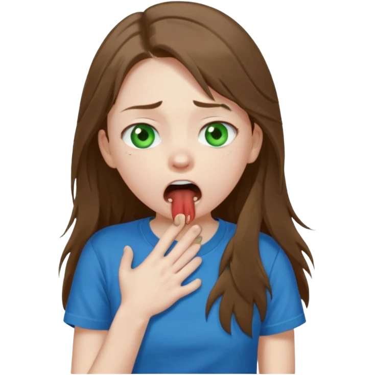Cute girl with pale skin, long brown hair, green eyes and blue t shirt who is chocked emoji