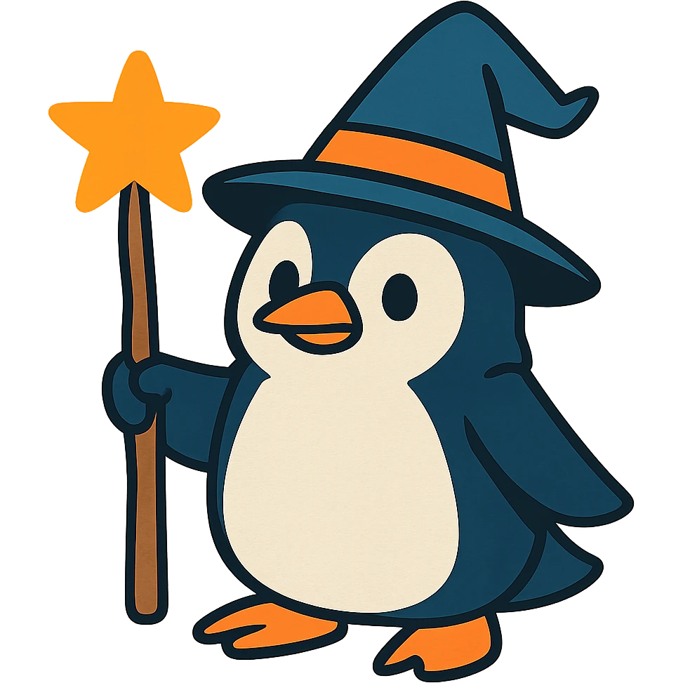 a penguin dressed as a wizard, with a pointed hat and a magic staff, in a fun and whimsical style emoji