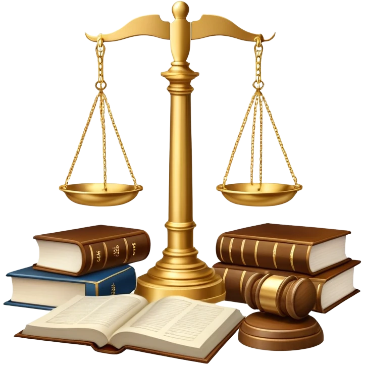 An icon featuring scales of justice, a gavel, and a legal book, symbolizing the study of law. The design includes courthouse pillars in the background, representing authority and legal systems. Transparent background highlights the principles of justice, order, and legal education. emoji