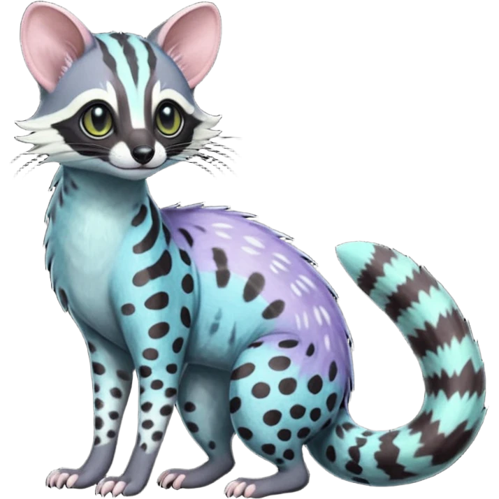 Feral Rare Fantasy iridescent scaly  shaded detailed deep pastel-gradients-colored colorful Genet-Trico-Civet-Cacomistle-Margay-species by LiLaiRa, with dark-blackish points, white belly, random markings, tufted tail, tufted ears, full body emoji