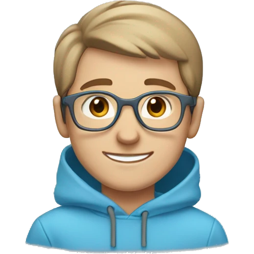 boy wearing a blue hoodie with light brown short hair wearing grey glasses and he has a cute smile, light blue-grey eyes and hearts around him. emoji