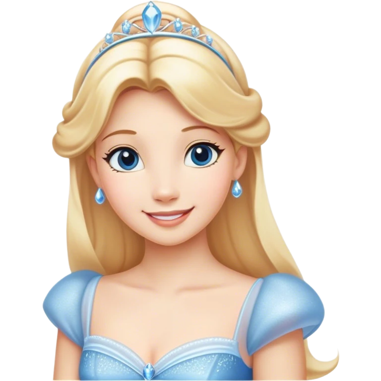 Cinematic Radiant Cinderella Portrait Emoji, rendered in a clean vector-style with bold proportions. Show Cinderella with a warm, serene smile, fair skin, and lustrous blonde hair, wearing a simple yet elegant dress that shimmers with gentle light. The image glows with an inviting, soft radiance and high shine, embodying timeless beauty. emoji
