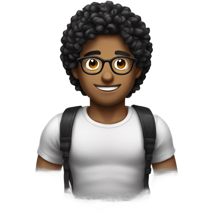 chico con cabello rizado negro, piel morena y que use lentes emoji