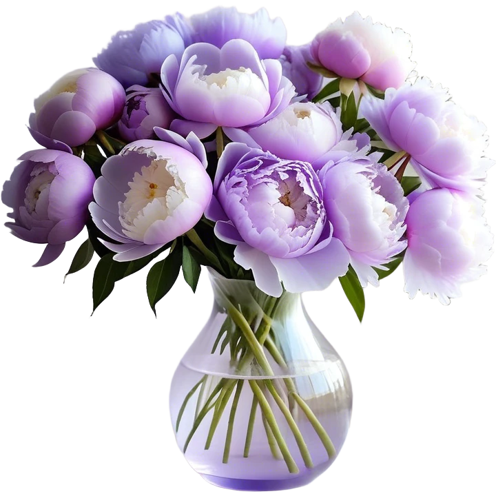 "A bouquet of peonies in soft shades of light purple, lilac, and icy lavender is arranged in a delicate, translucent glass vase with a pale violet tint. The petals, gently layered and slightly ruffled, spill over the edges, creating a sense of fullness. A silky, pastel purple ribbon is tied around the vase, with its ends cascading down in soft folds."
 emoji