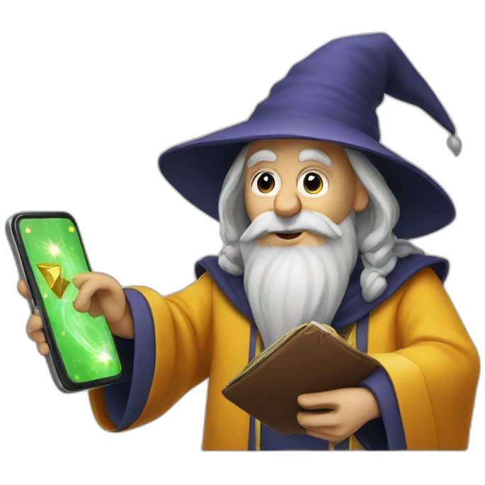 Wizard using cellphone and it has a Oz on it emoji