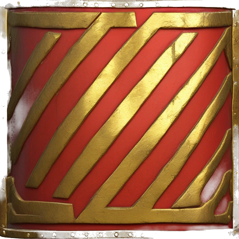 A bright red, rectangular-shaped Roman legionary shield with bold golden edges and a central gold boss. The shield features subtle geometric patterns and a worn texture, symbolizing both protection and battle readiness emoji