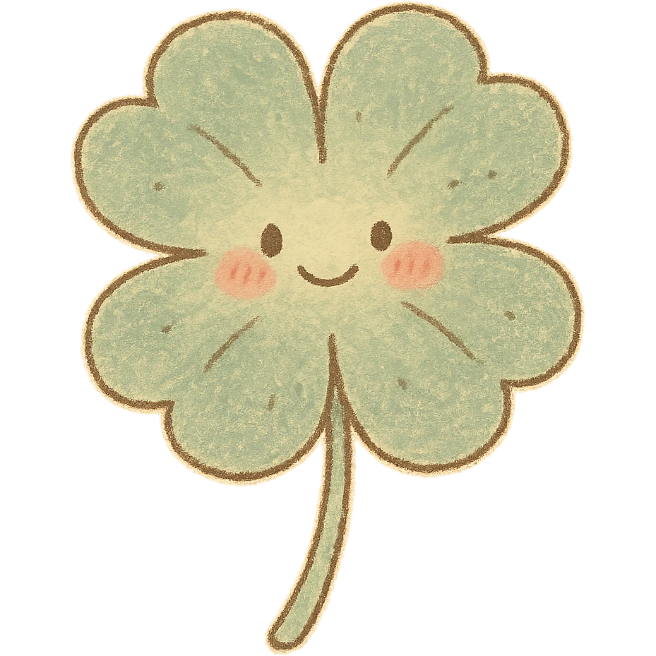 four-leaf clover, pastel Japanese hand-drawn sticker style, full object, transparent background, with blushing cheeks emoji