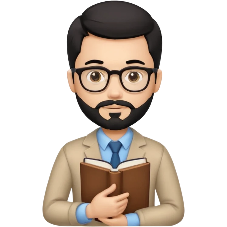 a pretty bratz teacher male with black hair, spectacles on, holding a book in hand and a chocolate in the other. bearded emoji
