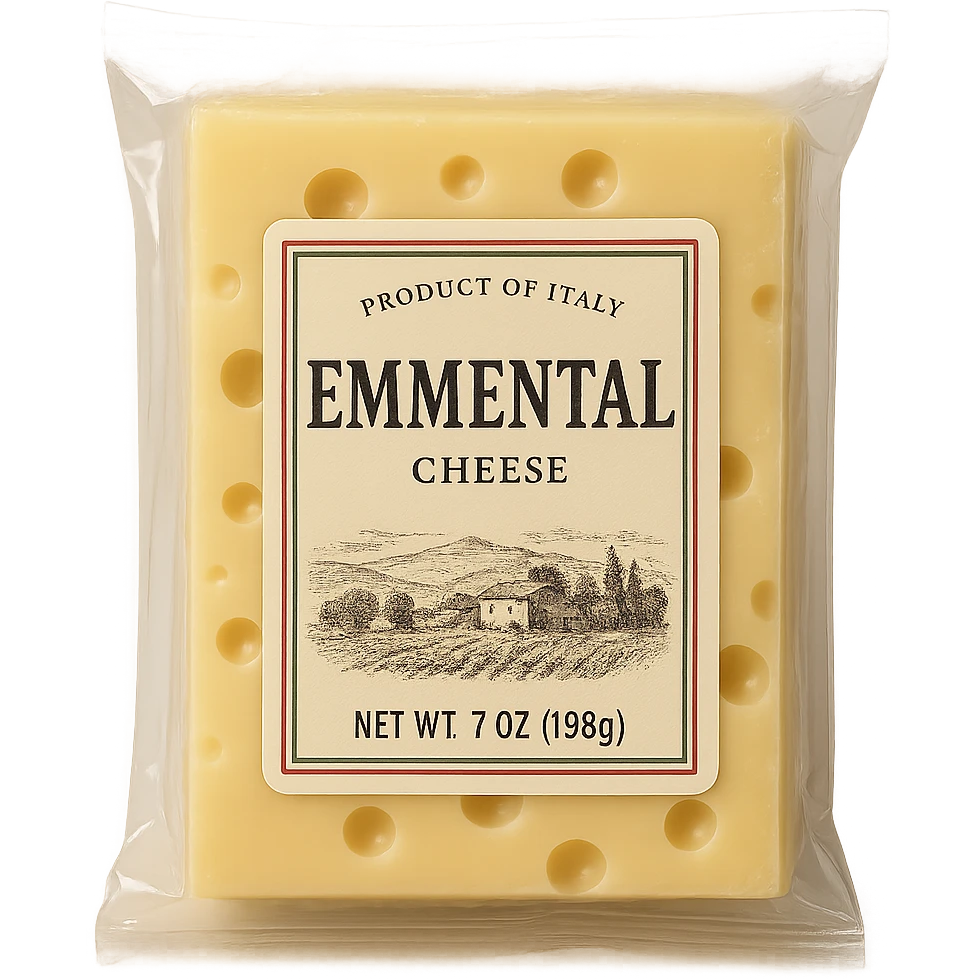 realistic Italian Emmental cheese in transparent packaging with label emoji