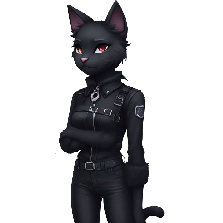 Gorgeous furry gothic dark techwear anime style anthro black cat furry sona with blushing face aesthetic and pretty edgy black with collar and harness trending style emoji