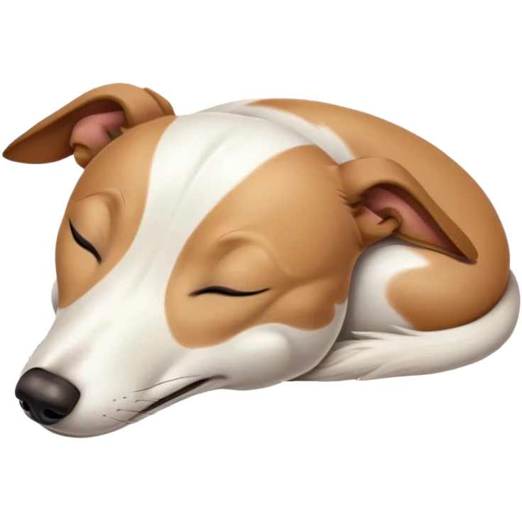 Meme-Worthy Cute Sleeping White and Brown Greyhound Portrait Emoji, Head resting peacefully with a contented smile, showcasing a lean, graceful build and a luxuriously smooth Fur of white with brown accents, eyes shut in a serene nap, Simplified yet hilariously adorable features, highly detailed, glowing with a soft, drowsy light, high shine, relaxed and utterly lovable, stylized with an air of playful laziness, bright and heartwarming, soft glowing outline, capturing the essence of a comically sleepy racer, so meme-worthy it feels like it could instantly become the next viral sensation of adorable slumber! emoji
