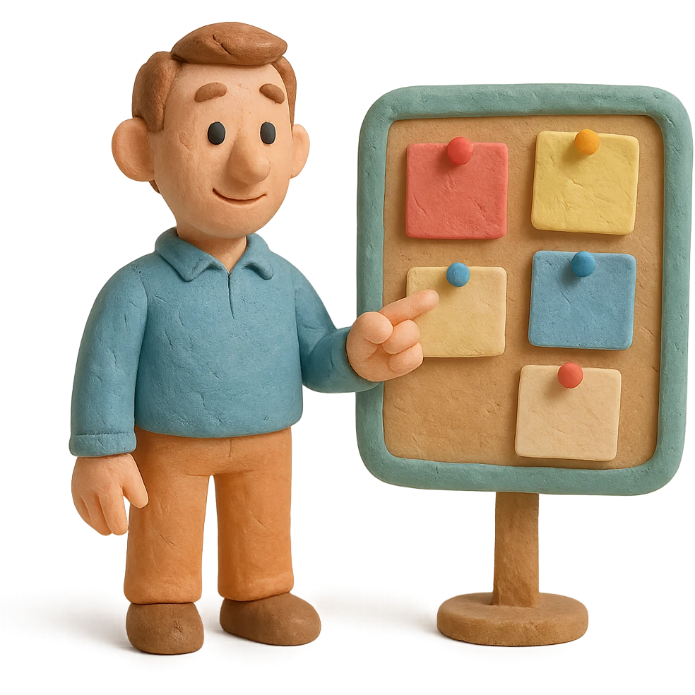 claymation style man with a bulletin board, pastel colors emoji