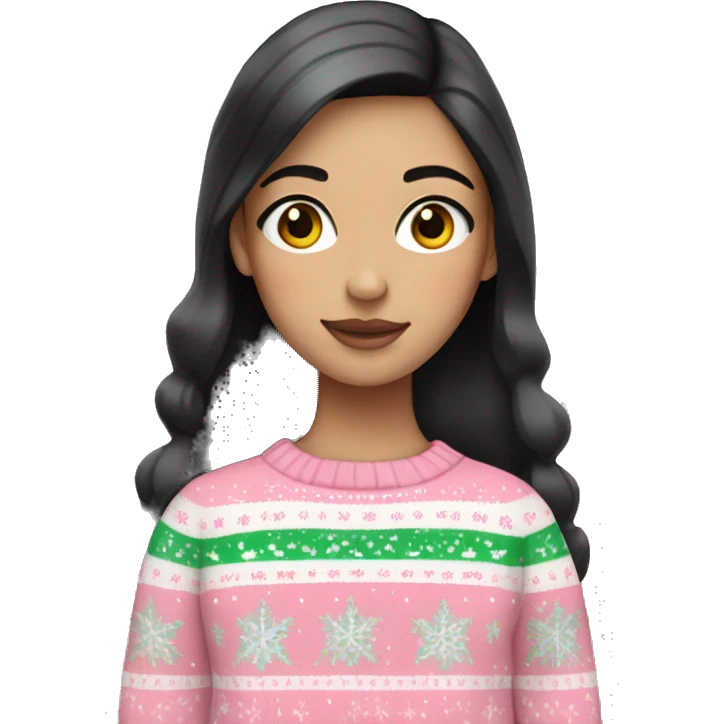 White girl with black hair wearing a Pastel Christmas sweater emoji