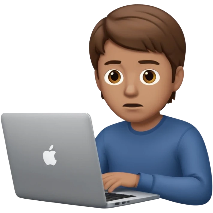 memoji of a man with a laptop in front, apple-style,modern,brown hair mid skin ton and a bit confused emoji
