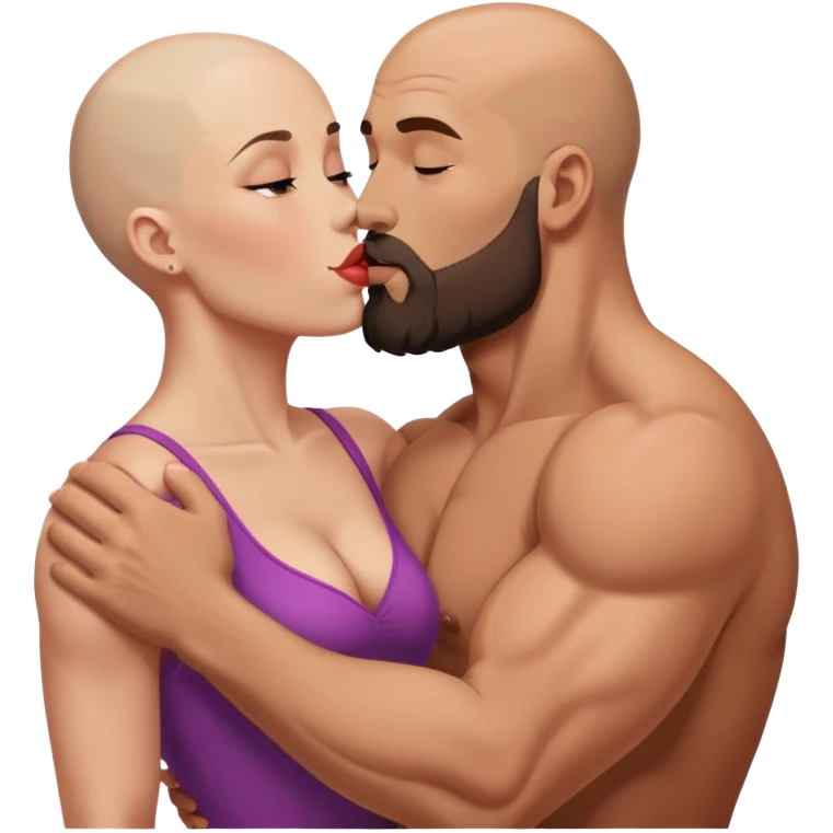 Muscular Bald man with a beard passionately kissing his young brunette wife  emoji