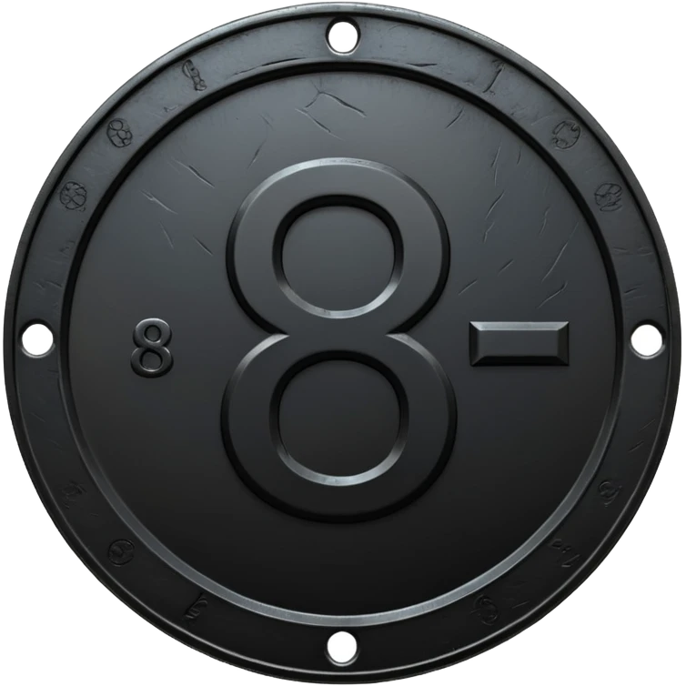 Minimal emoji, gothic metal coin made of black steel, engraved number 8 at the center, ancient industrial aesthetic, worn metal texture, no glow, no neon, flat emoji design, centered, transparent background emoji