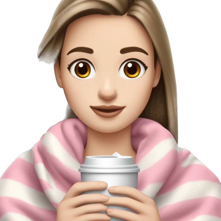 Pale girl brown eyes brown straight hair that is wearing a pink blanket wearing AirPods and holding iPhone 14 Pro Max silver in one hand and another hand she is holding a cup of coffee with some milk in it emoji
