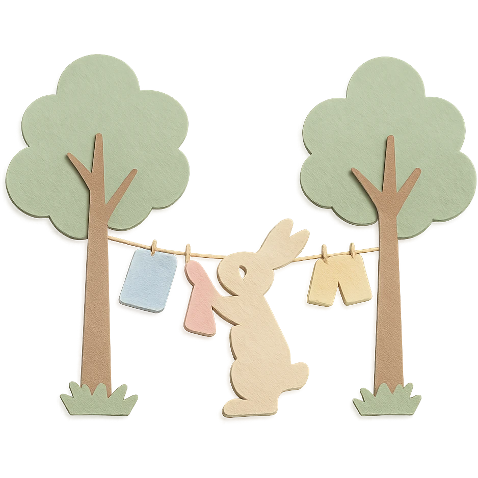 a bunny hanging laundry between trees, calming domestic forest feel, soft pastel colors emoji