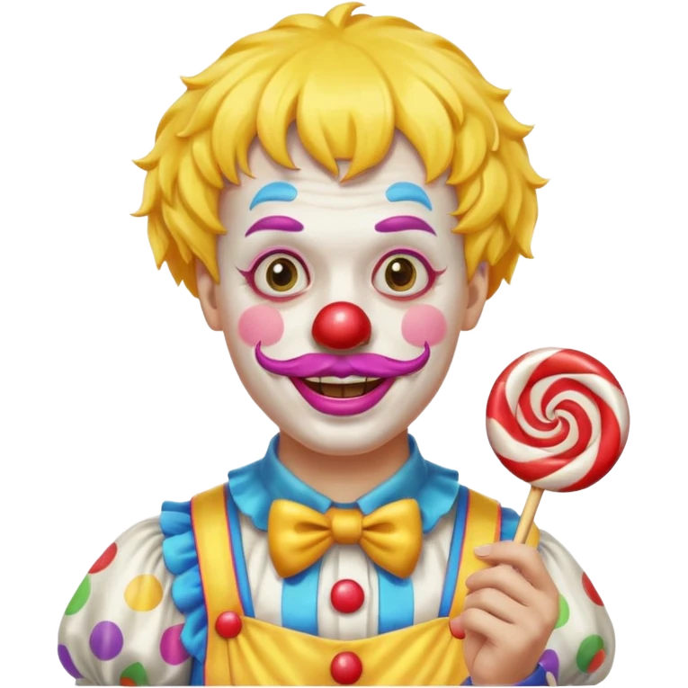 Funny clown — yellow wig, mustache, candy in hand emoji