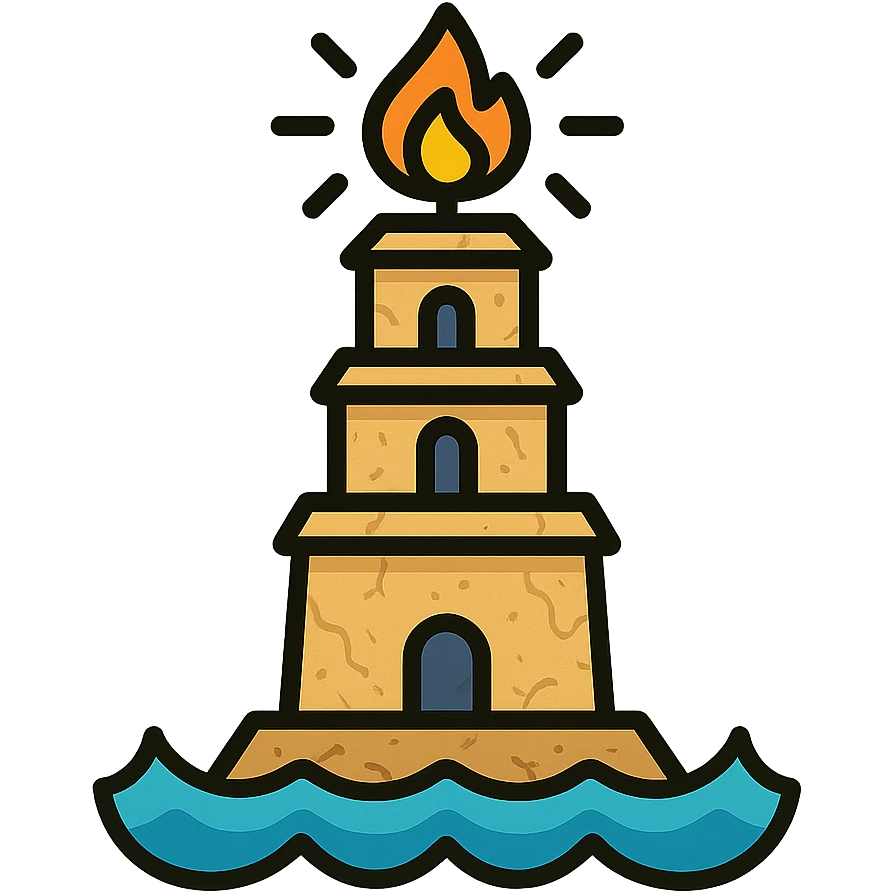 A three-tiered ancient tower with a squared base, octagonal middle, and cylindrical top. The tower has a stone texture with slight cracks and wear. Each level has small windows or arches. At the top, there is a glowing fire or torch with gold/yellow and orange rays. The base of the tower is surrounded by blue waves lapping at it. The color palette consists of sandstone (beige/tan) for the tower, turquoise/blue for the sea, and warm gold for the fire. The style should be a simple, clean icon with clear lines and minimal details, focusing on the structure and key elements. emoji