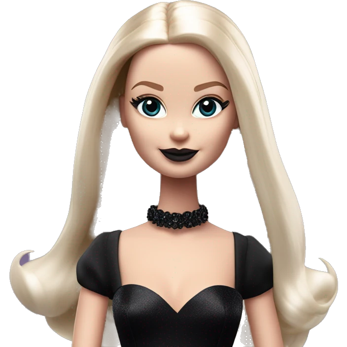  Bunny Wednesday Addams Barbie dancing.  Pretty face. Longer hair, short black flowing strapless evening gown with  plunging neckline that’s off-the-shoulders that also shows her legs and black shiny velvet high heel shoes. emoji