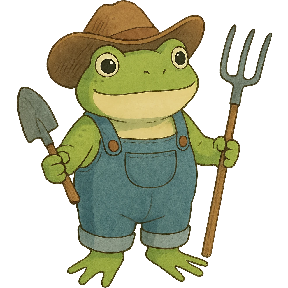 ghibli style frog in cowboy hat and overalls, holding gardening tools emoji
