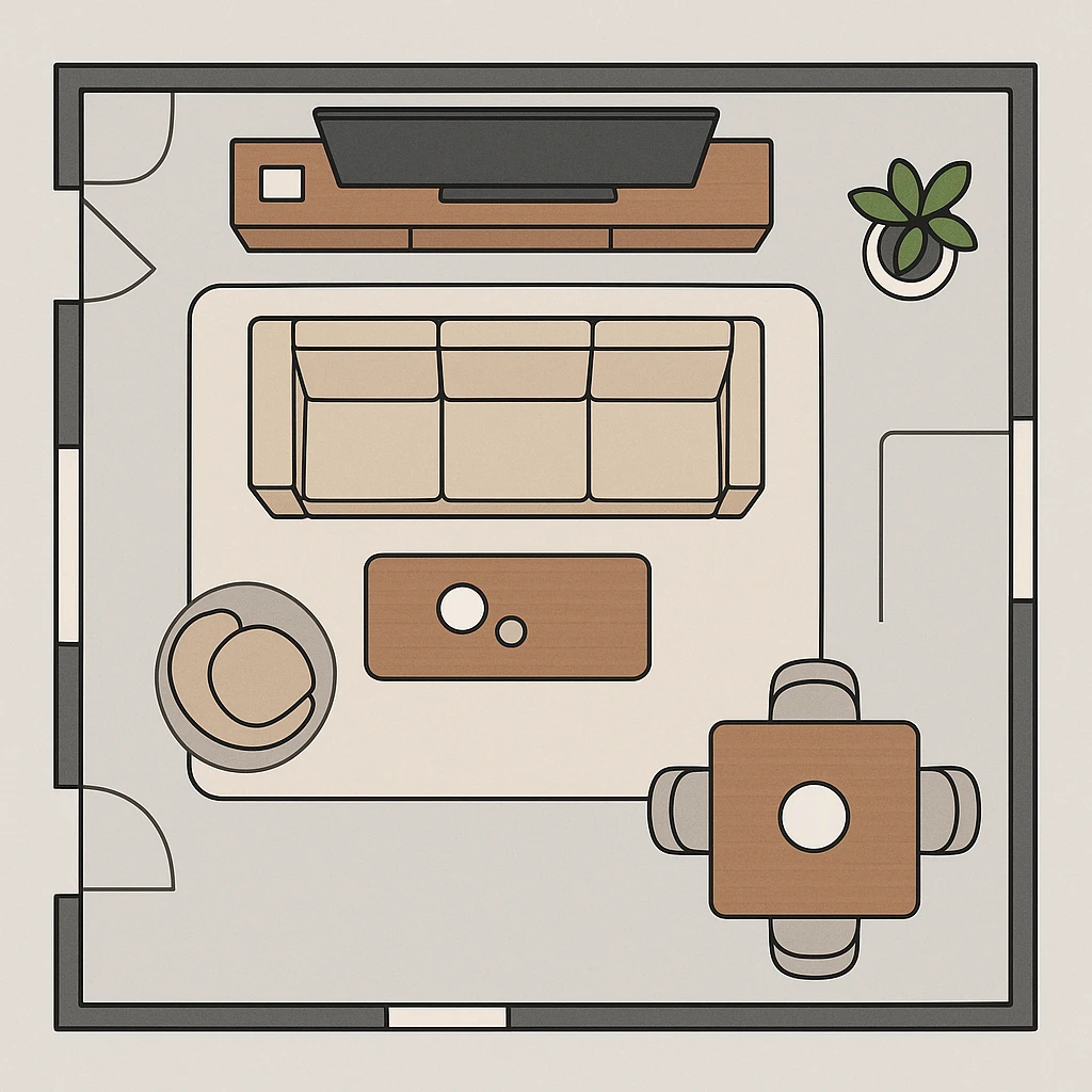 modern flat design style planned furniture layout, top-down view, clean lines emoji