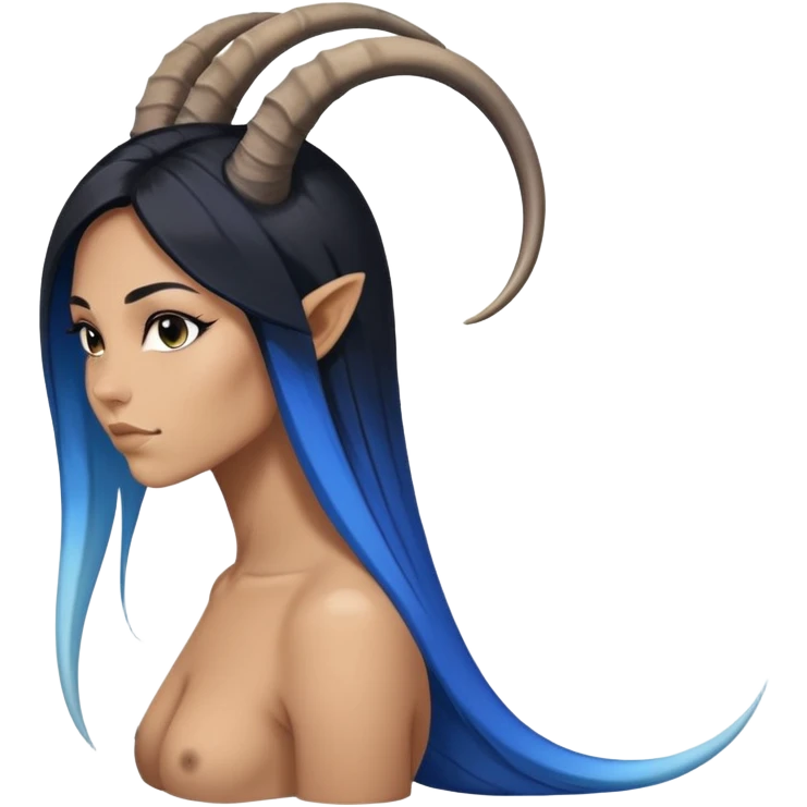 Art of a human woman's very sexy body scheme anatomy-very long straight black to blue hair ombre-left side view-small goat horns emoji