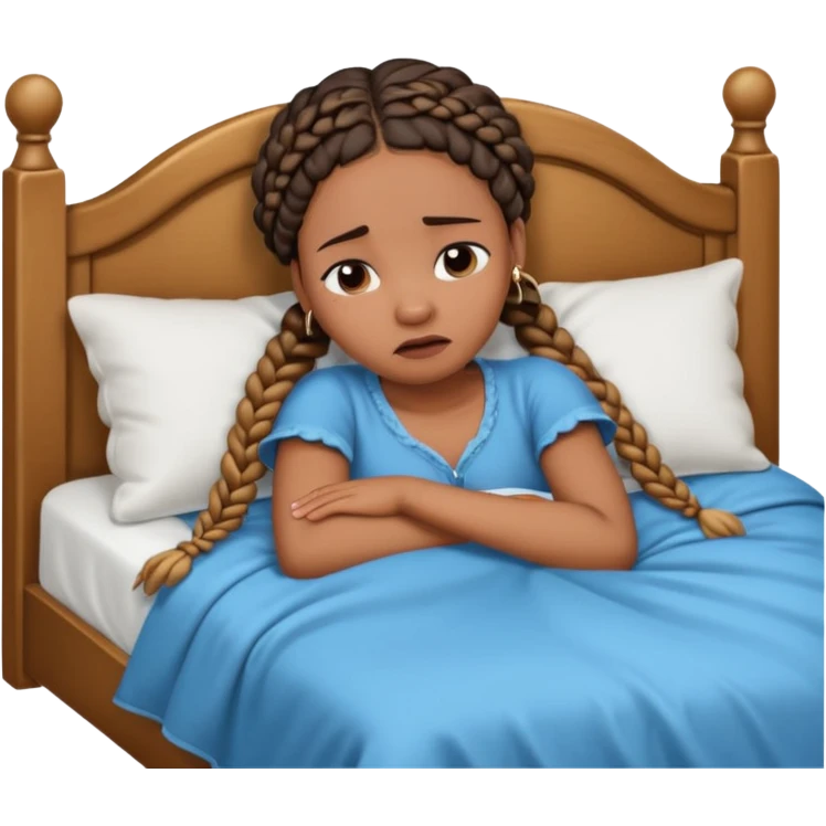 Black woman with braids in a big king size bed on one side by herself crying emoji