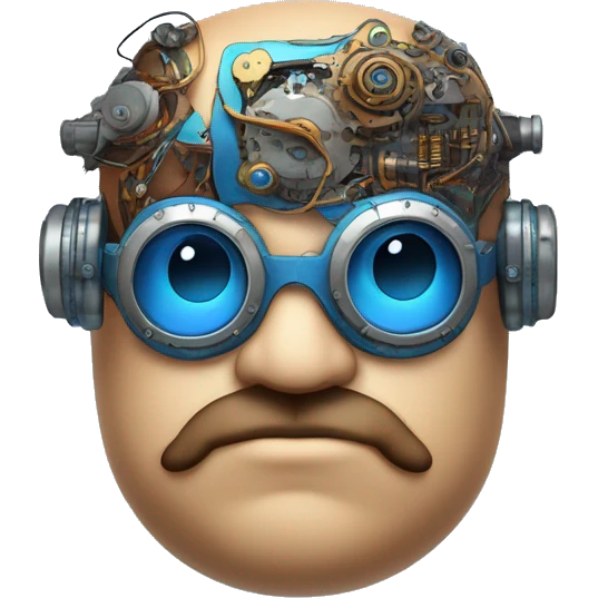 Fat cyborg head with blue steampunk goggles, brown beard and circuits emoji