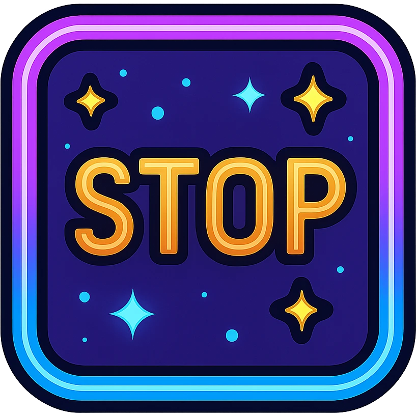animated stop icon with dark purple, blue, and black base, bright accents, complex gradients, stars, bright neon border, modern clean stop symbol, subtle glowing and moving stars neon effects, sophisticated futuristic style emoji