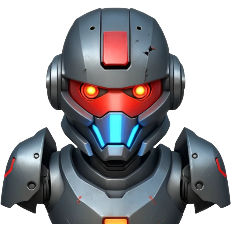 futuristic war robot portrait, head and shoulders only, aggressive design, sharp armor edges, glowing red eyes, battle-damaged helmet faceplate, heavy armor collar, intense dramatic lighting, sci-fi metal textures, 3D cartoon, mobile game icon style, clean background, no text, no watermark
 emoji