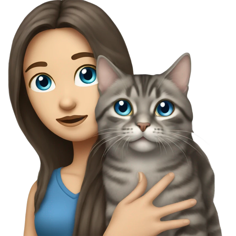 long haired brunette girl with blue eyes holding grey tabby cat emoji