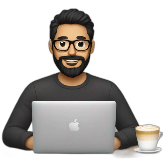 Designer with black hair, beard and glasses working with MacBook and drinking cappuccino  emoji