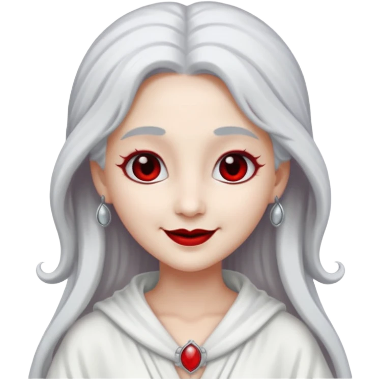 vull un perosnatge estil bimoji que sigui com una nimfa bella i fantasmal amb túniques blanques. Té la pell literalments blanca com el guix, cabell platejat, un nas llarg, ulls negres grans i llavis carmesí. que estigui somrient sense arrecades  emoji