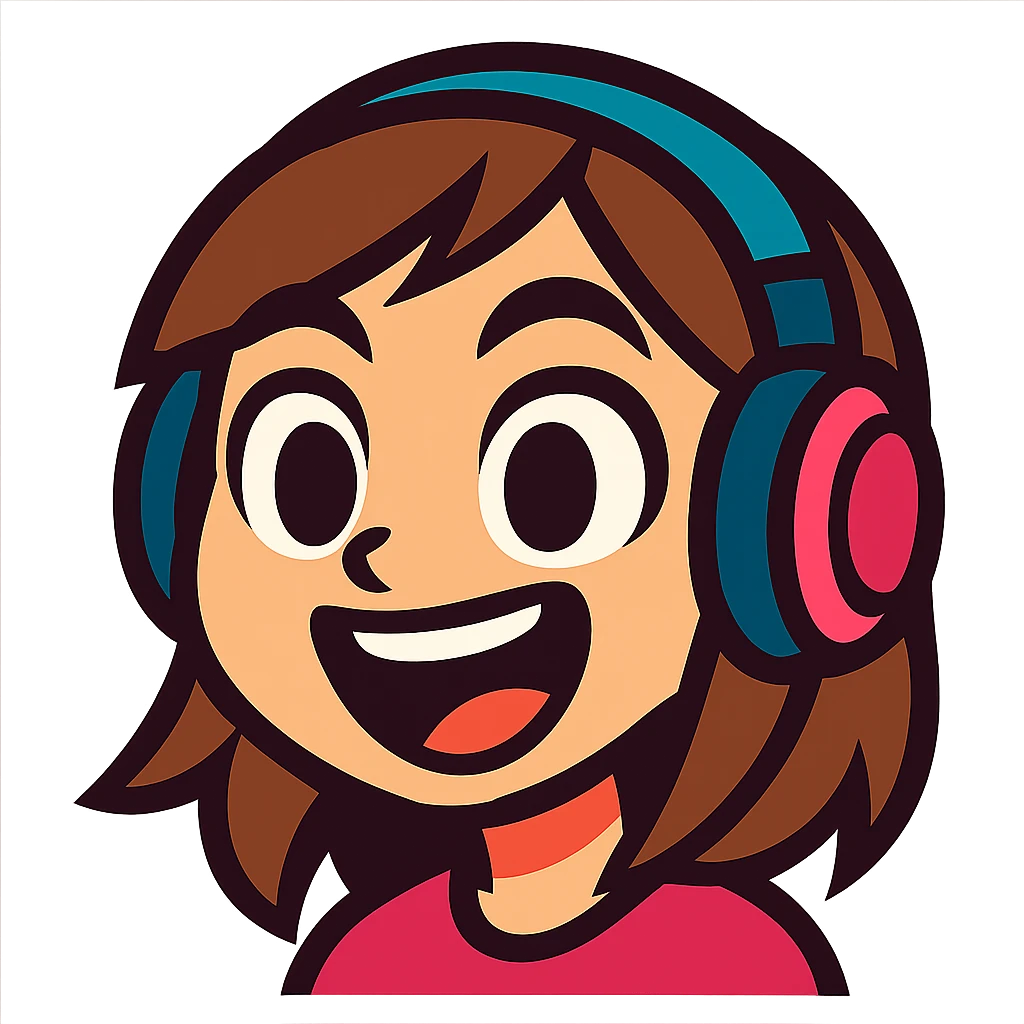 brown-haired gamer girl, excited expression, headphones, head only, emote emoji