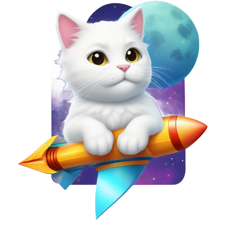 white cat riding rocket to the moon emoji
