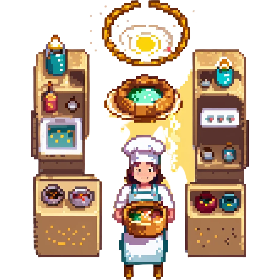 A divine baker surrounded by floating utensils, radiant ingredients, and a halo of light. The oven levitates, powered by pure energy. UI resembles clouds, golden rays, and ethereal scrolls—like a heavenly recipe interface. emoji