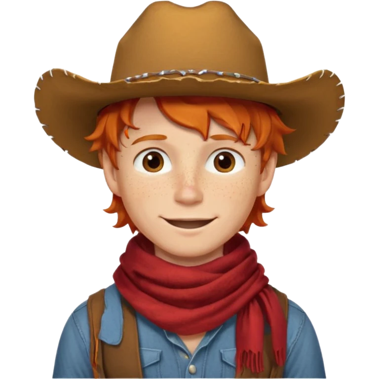 a wavy orange hair boy wearing a cowboy hat with a mischievous grin and freckles with western red scarf on his neck emoji