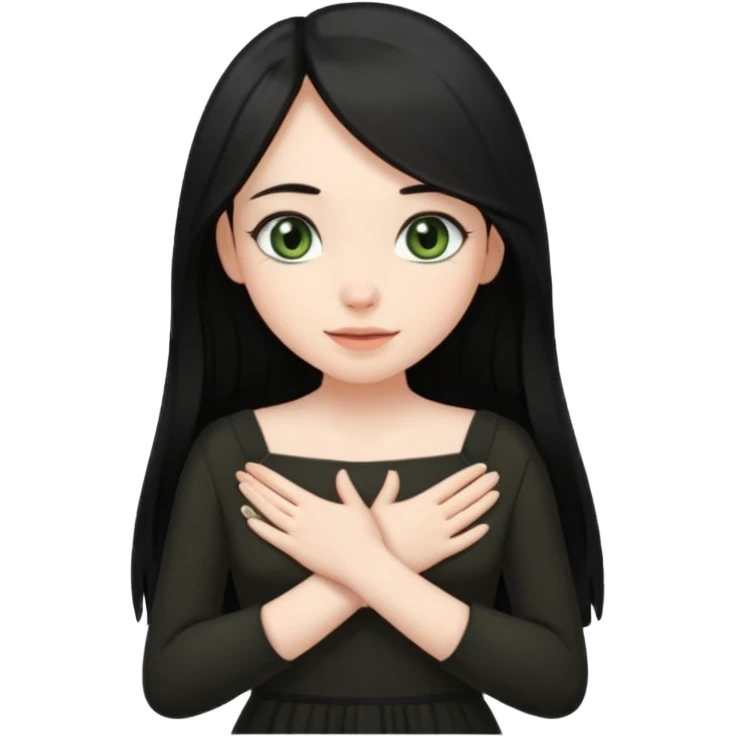 Pale girl with long black hair and olive green eyes soft smile wearing black dress and holding hands over her chest emoji