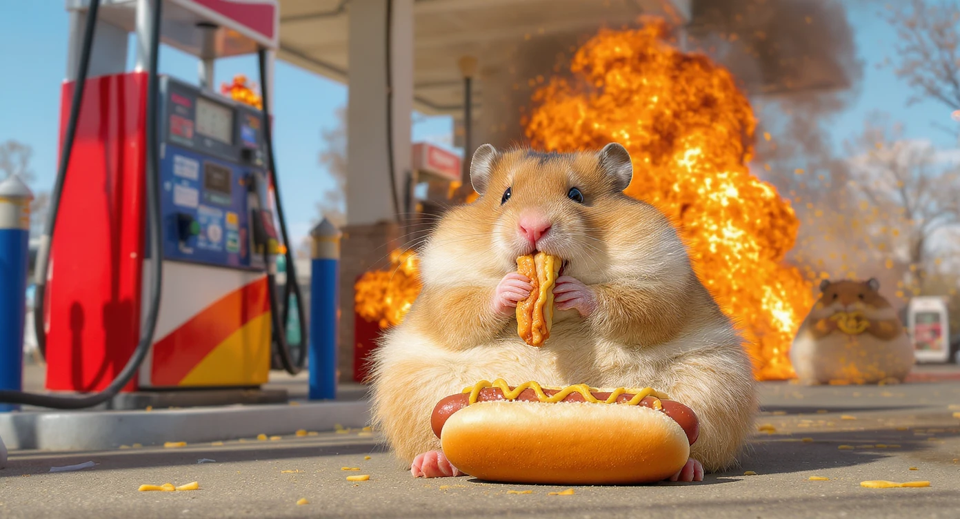 A portrait of a fat hamster eating hotdog on gas station, gas station is in fire, other hamster fun away, sunny day, back light explosion  emoji