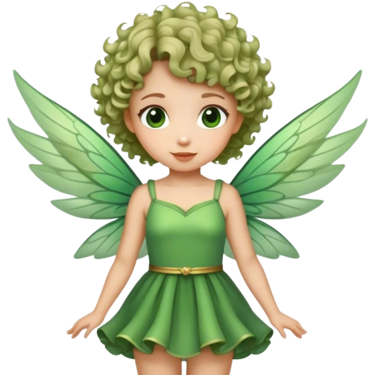 FAIRY EMOTICON WITH CURLY SHORT HAIR, GREEN DRESS AND WINGS emoji