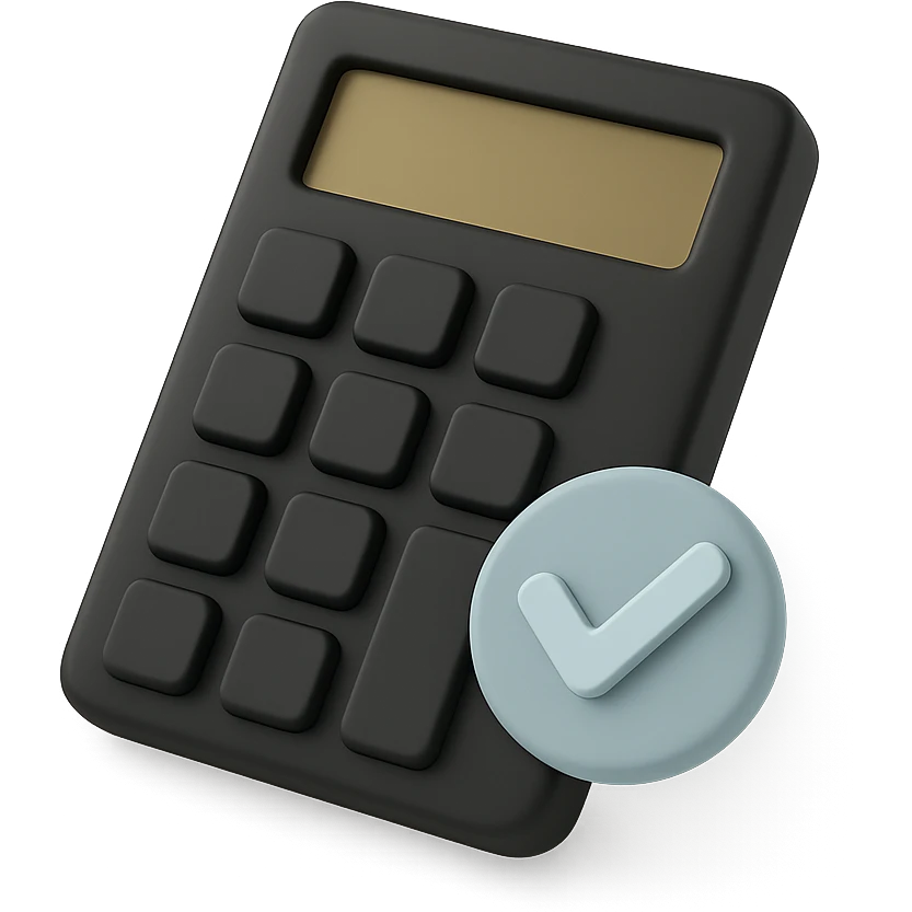 a calculator with a check mark in 3D black style with a light blue check mark emoji