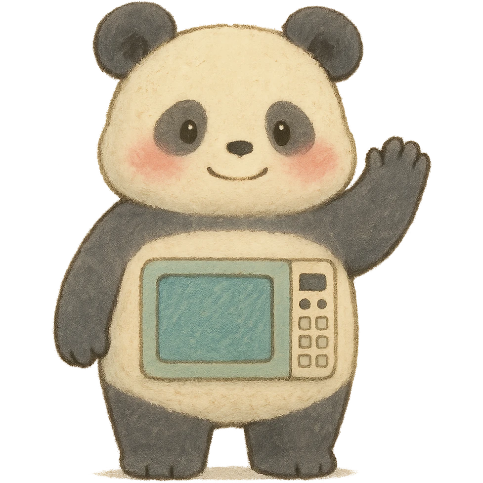 soft pastel-colored panda with microwave oven features, blushing and waving, full-body emoji