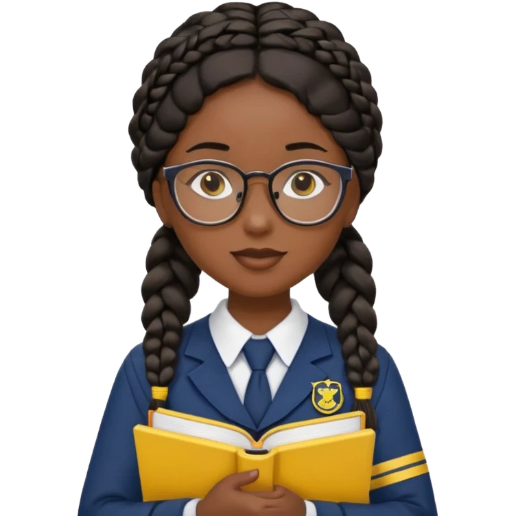 Girl student wearing uniform, glasses, hold yellow book in front of their chest, black braided hair, dark skin emoji
